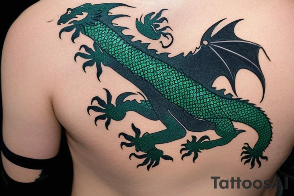 Placement: Shoulder sleeve
The dragon: A Japanese-style dragon tattoo with dark green scales and gold accents, sharp claws, and expressive eyes. Its head perches on your shoulder, and its body wraps around your arm in a spiral. The dragon's mouth is open, as if it's roaring, and its tongue curls around your bicep.
The landscape: Snowy mountains in the distance, pine trees scattered throughout, and a blue sky. The tallest peak is in the center of the design, and the snow is piled high on the ground.
The details: Highly detailed scales with intricate patterns and shading, sharp claws, expressive eyes, and snowflakes with crystalline appearance.
The colors: Dark green scales with gold accents, pale blue-gray mountains, various shades of green for trees, and pure white snow.
The movement The dragon's body curves around your arm in a spiral, with its head and tail meeting at your shoulder. Its wings are outstretched, and it's causing snow on the ground to spray up in a dramatic fashio tattoo idea