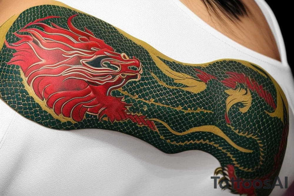 Placement: Shoulder sleeve
The dragon: A Japanese-style dragon tattoo with dark green scales and gold accents, sharp claws, and expressive eyes. Its head perches on your shoulder, and its body wraps around your arm in a spiral. The dragon's mouth is open, as if it's roaring, and its tongue curls around your bicep.
The landscape: Snowy mountains in the distance, pine trees scattered throughout, and a blue sky. The tallest peak is in the center of the design, and the snow is piled high on the ground.
The details: Highly detailed scales with intricate patterns and shading, sharp claws, expressive eyes, and snowflakes with crystalline appearance.
The colors: Dark green scales with gold accents, pale blue-gray mountains, various shades of green for trees, and pure white snow.
The movement The dragon's body curves around your arm in a spiral, with its head and tail meeting at your shoulder. Its wings are outstretched, and it's causing snow on the ground to spray up in a dramatic fashio tattoo idea