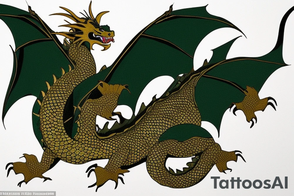 Placement: Shoulder sleeve
The dragon: A Japanese-style dragon tattoo with dark green scales and gold accents, sharp claws, and expressive eyes. Its head perches on your shoulder, and its body wraps around your arm in a spiral. The dragon's mouth is open, as if it's roaring, and its tongue curls around your bicep.
The landscape: Snowy mountains in the distance, pine trees scattered throughout, and a blue sky. The tallest peak is in the center of the design, and the snow is piled high on the ground.
The details: Highly detailed scales with intricate patterns and shading, sharp claws, expressive eyes, and snowflakes with crystalline appearance.
The colors: Dark green scales with gold accents, pale blue-gray mountains, various shades of green for trees, and pure white snow.
The movement The dragon's body curves around your arm in a spiral, with its head and tail meeting at your shoulder. Its wings are outstretched, and it's causing snow on the ground to spray up in a dramatic fashio tattoo idea