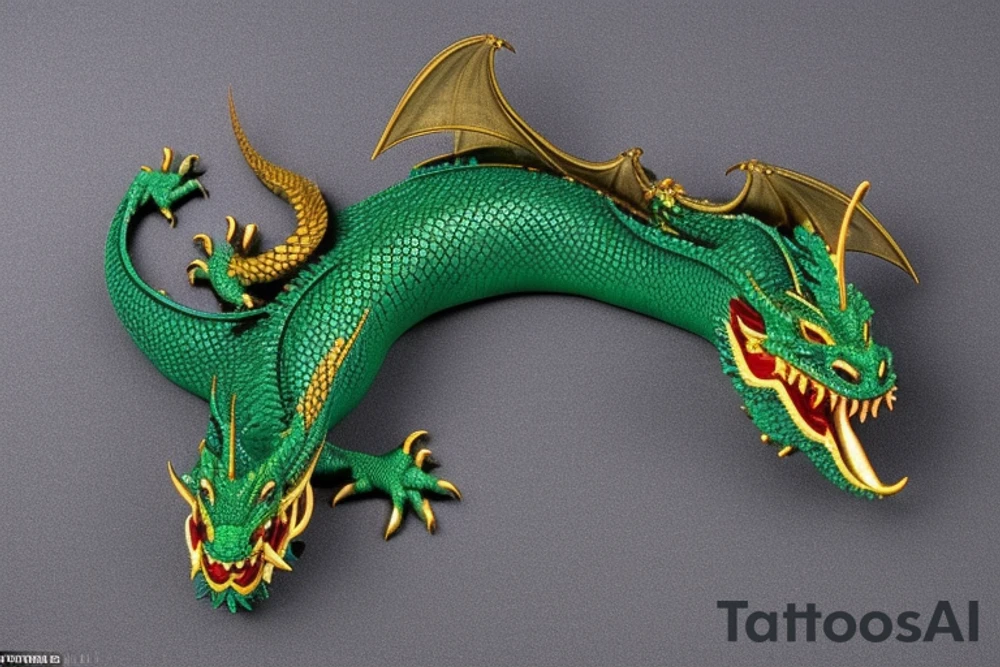 Placement: Shoulder sleeve
The dragon: A Japanese-style dragon tattoo with dark green scales and gold accents, sharp claws, and expressive eyes. Its head perches on your shoulder, and its body wraps around your arm in a spiral. The dragon's mouth is open, as if it's roaring, and its tongue curls around your bicep.
The landscape: Snowy mountains in the distance, pine trees scattered throughout, and a blue sky. The tallest peak is in the center of the design, and the snow is piled high on the ground.
The details: Highly detailed scales with intricate patterns and shading, sharp claws, expressive eyes, and snowflakes with crystalline appearance.
The colors: Dark green scales with gold accents, pale blue-gray mountains, various shades of green for trees, and pure white snow.
The movement The dragon's body curves around your arm in a spiral, with its head and tail meeting at your shoulder. Its wings are outstretched, and it's causing snow on the ground to spray up in a dramatic fashio tattoo idea