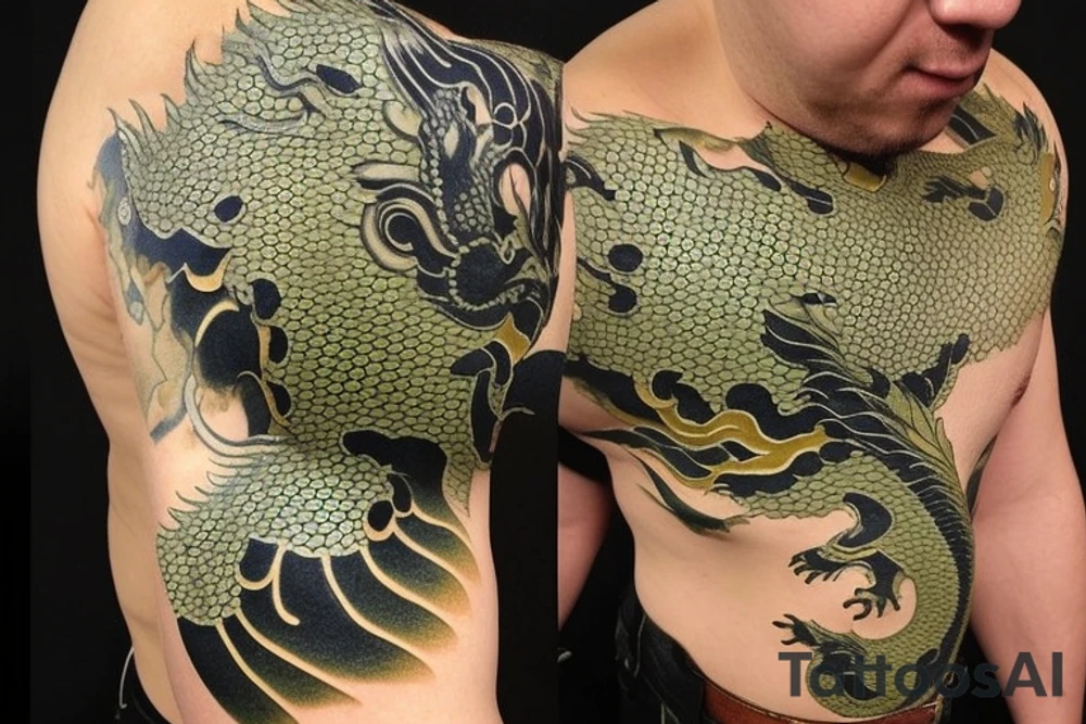 Placement: Shoulder sleeve
The dragon: A Japanese-style dragon tattoo with dark green scales and gold accents, sharp claws, and expressive eyes. Its head perches on your shoulder, and its body wraps around your arm in a spiral. The dragon's mouth is open, as if it's roaring, and its tongue curls around your bicep.
The landscape: Snowy mountains in the distance, pine trees scattered throughout, and a blue sky. The tallest peak is in the center of the design, and the snow is piled high on the ground.
The details: Highly detailed scales with intricate patterns and shading, sharp claws, expressive eyes, and snowflakes with crystalline appearance.
The colors: Dark green scales with gold accents, pale blue-gray mountains, various shades of green for trees, and pure white snow.
The movement The dragon's body curves around your arm in a spiral, with its head and tail meeting at your shoulder. Its wings are outstretched, and it's causing snow on the ground to spray up in a dramatic fashio tattoo idea