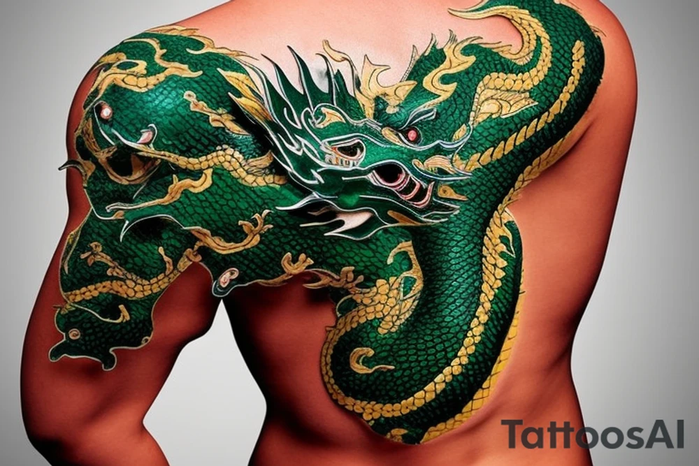 Placement: Shoulder sleeve
The dragon: A Japanese-style dragon tattoo with dark green scales and gold accents, sharp claws, and expressive eyes. Its head perches on your shoulder, and its body wraps around your arm in a spiral. The dragon's mouth is open, as if it's roaring, and its tongue curls around your bicep.
The landscape: Snowy mountains in the distance, pine trees scattered throughout, and a blue sky. The tallest peak is in the center of the design, and the snow is piled high on the ground.
The details: Highly detailed scales with intricate patterns and shading, sharp claws, expressive eyes, and snowflakes with crystalline appearance.
The colors: Dark green scales with gold accents, pale blue-gray mountains, various shades of green for trees, and pure white snow.
The movement The dragon's body curves around your arm in a spiral, with its head and tail meeting at your shoulder. Its wings are outstretched, and it's causing snow on the ground to spray up in a dramatic fashio tattoo idea