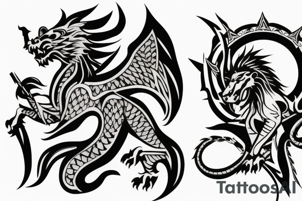lion and dragon, pegasus, shaman, totem pole, dark, abstract negative space, tattoo idea