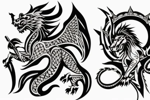 lion and dragon, pegasus, shaman, totem pole, dark, abstract negative space, tattoo idea