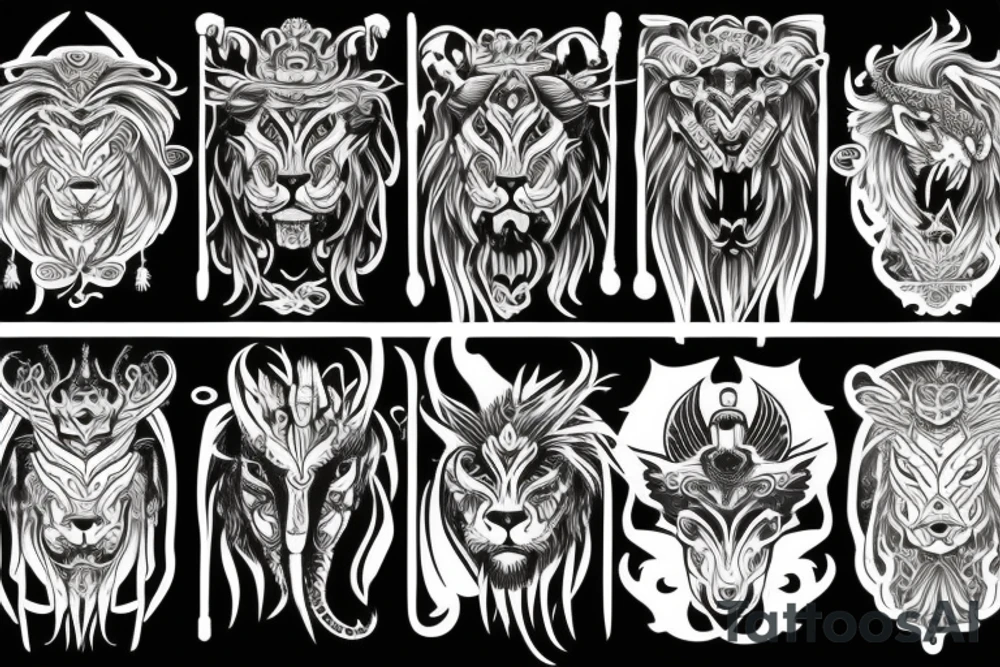 lion and dragon, pegasus, shaman, totem pole, dark, abstract negative space, tattoo idea