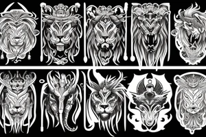 lion and dragon, pegasus, shaman, totem pole, dark, abstract negative space, tattoo idea
