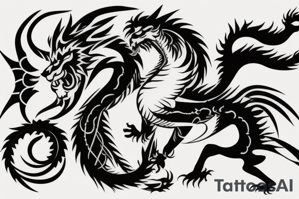lion and dragon, pegasus, shaman, totem pole, dark, abstract negative space, not ugly, expressive tattoo idea