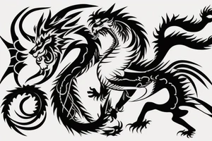 lion and dragon, pegasus, shaman, totem pole, dark, abstract negative space, not ugly, expressive tattoo idea