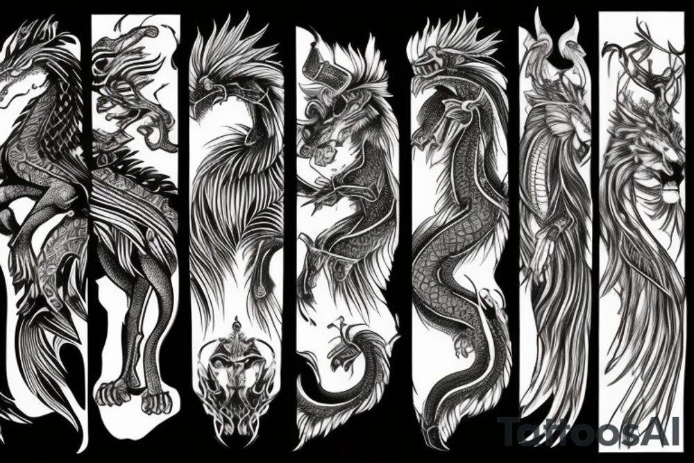 lion and dragon, pegasus, shaman, totem pole, dark, abstract negative space, not ugly, expressive tattoo idea