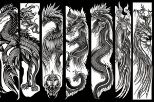 lion and dragon, pegasus, shaman, totem pole, dark, abstract negative space, not ugly, expressive tattoo idea