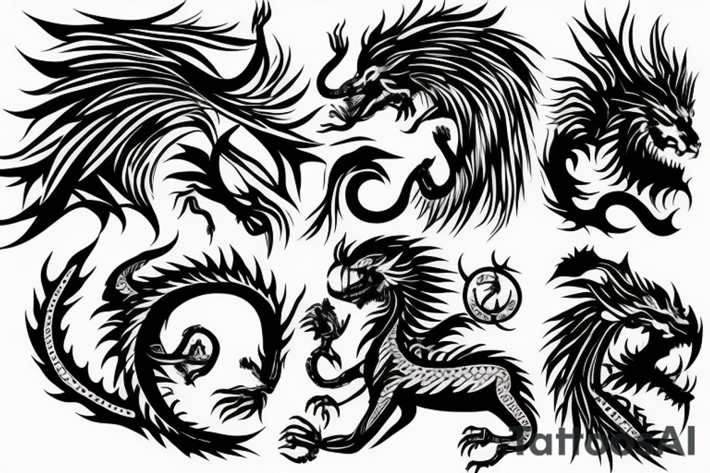 lion and dragon, pegasus, shaman, totem pole, dark, abstract negative space, not ugly, expressive, colour tattoo idea