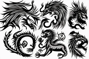 lion and dragon, pegasus, shaman, totem pole, dark, abstract negative space, not ugly, expressive, colour tattoo idea