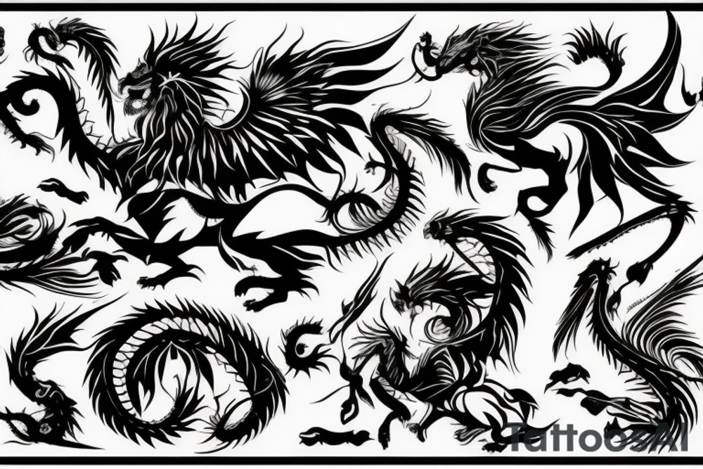 lion and dragon, pegasus, shaman, totem pole, dark, abstract negative space, not ugly, expressive, colour tattoo idea