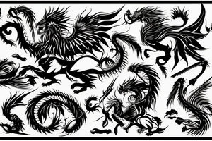 lion and dragon, pegasus, shaman, totem pole, dark, abstract negative space, not ugly, expressive, colour tattoo idea