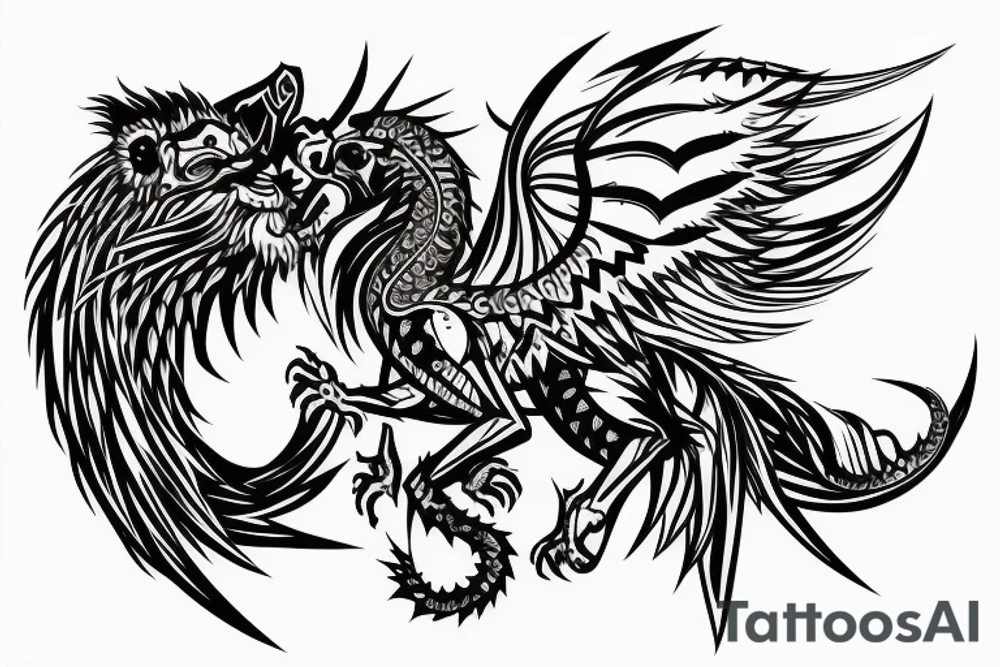 lion and dragon, pegasus, shaman, totem pole, dark, abstract negative space, not ugly, expressive, colour tattoo idea