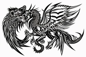 lion and dragon, pegasus, shaman, totem pole, dark, abstract negative space, not ugly, expressive, colour tattoo idea