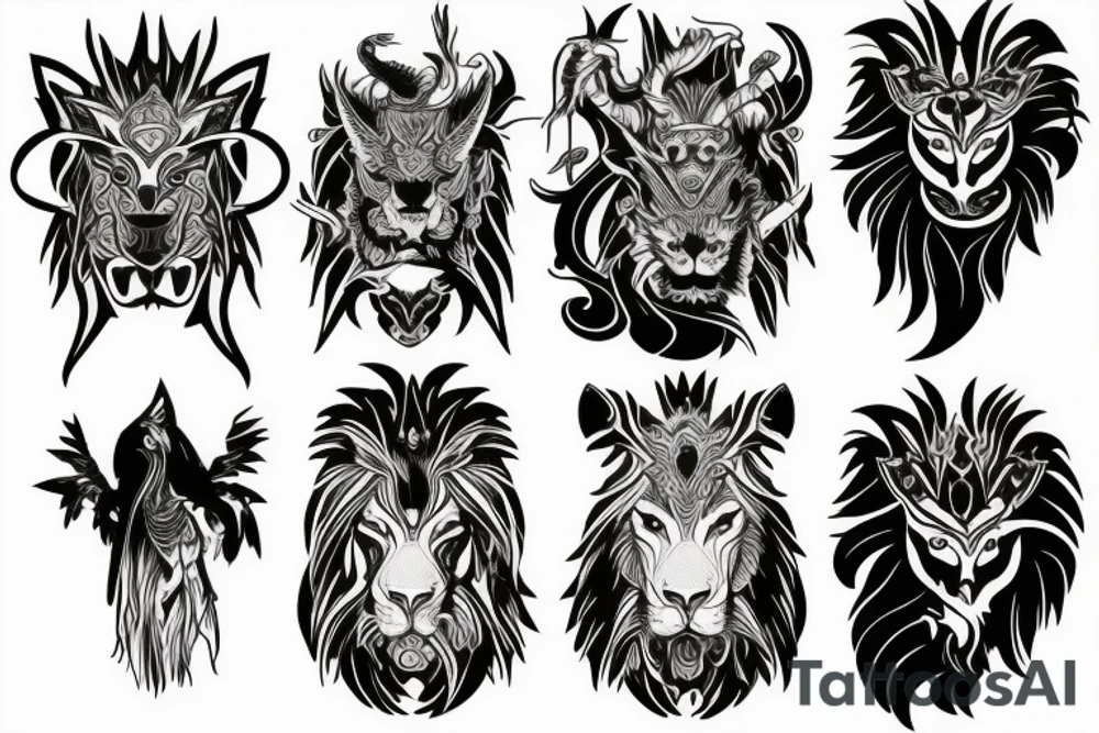 lion and dragon, pegasus, shaman, totem pole, dark, abstract negative space, not ugly, expressive, colour tattoo idea