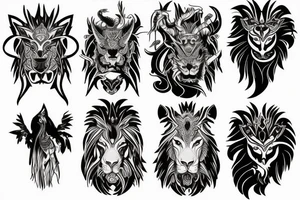 lion and dragon, pegasus, shaman, totem pole, dark, abstract negative space, not ugly, expressive, colour tattoo idea