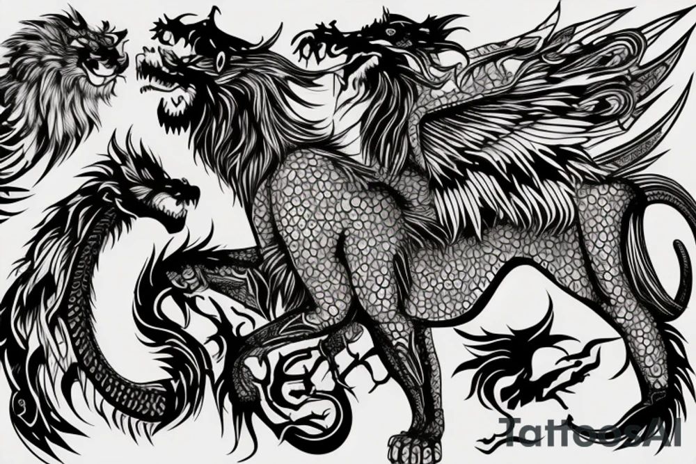 lion and dragon, pegasus, shaman, totem pole, dark, abstract negative space, not ugly, expressive, colour, trippy tattoo idea