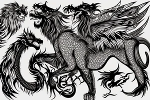 lion and dragon, pegasus, shaman, totem pole, dark, abstract negative space, not ugly, expressive, colour, trippy tattoo idea