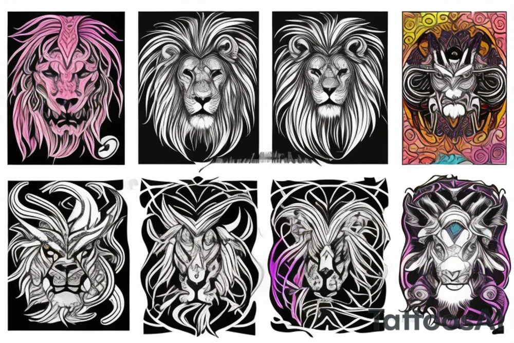 lion and dragon, pegasus, shaman, totem pole, dark, abstract negative space, not ugly, expressive, colour, trippy tattoo idea
