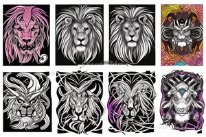 lion and dragon, pegasus, shaman, totem pole, dark, abstract negative space, not ugly, expressive, colour, trippy tattoo idea