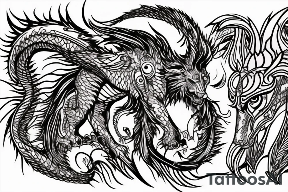 lion and dragon, pegasus, shaman, totem pole, abstract negative space, not ugly, expressive, colour, trippy tattoo idea