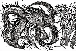 lion and dragon, pegasus, shaman, totem pole, abstract negative space, not ugly, expressive, colour, trippy tattoo idea