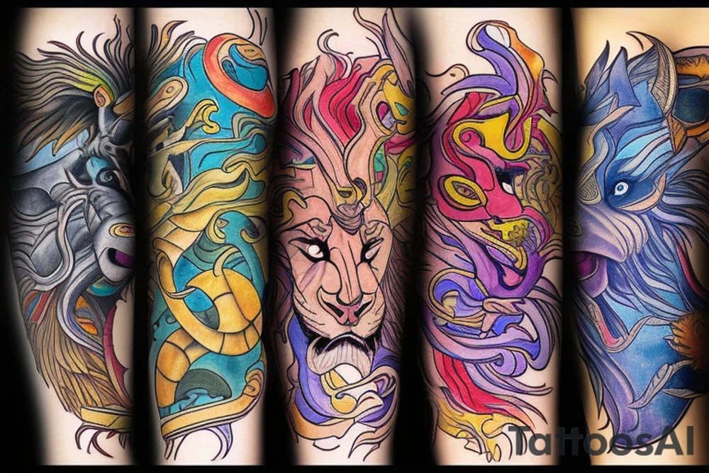 lion and dragon, pegasus, shaman, totem pole, abstract negative space, not ugly, expressive, colour, trippy tattoo idea