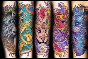 lion and dragon, pegasus, shaman, totem pole, abstract negative space, not ugly, expressive, colour, trippy tattoo idea