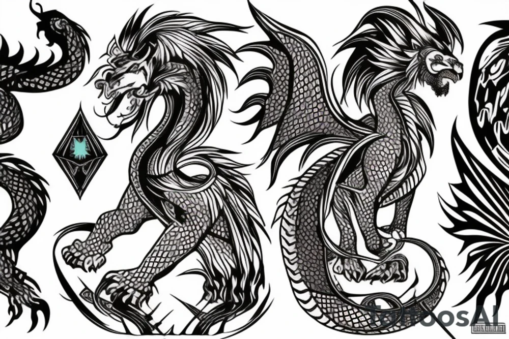 lion and dragon, pegasus, shaman, totem pole, abstract negative space, not ugly, expressive, colour, trippy tattoo idea