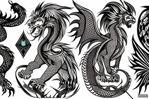 lion and dragon, pegasus, shaman, totem pole, abstract negative space, not ugly, expressive, colour, trippy tattoo idea