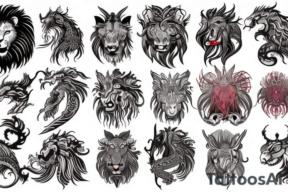 lion and dragon, pegasus, shaman, totem pole, abstract negative space, not ugly, expressive, colour, trippy tattoo idea