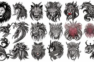 lion and dragon, pegasus, shaman, totem pole, abstract negative space, not ugly, expressive, colour, trippy tattoo idea