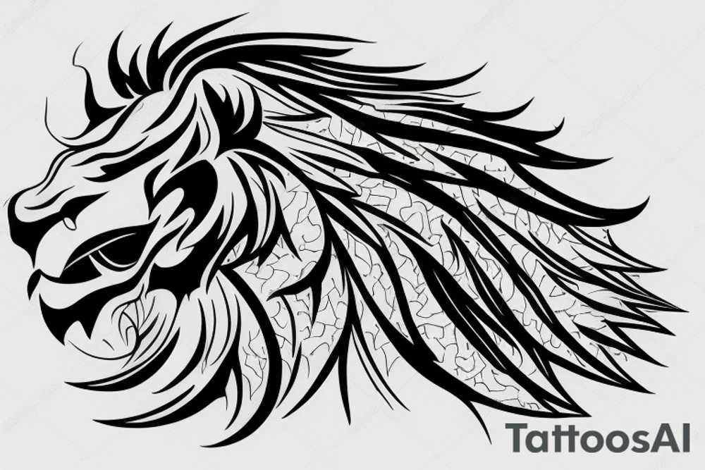 lion and dragon, pegasus, shaman, totem pole, abstract negative space, not ugly, expressive, colour, trippy, lions mane, dragon feet, sharp claws, silky hair, aggressive tattoo idea