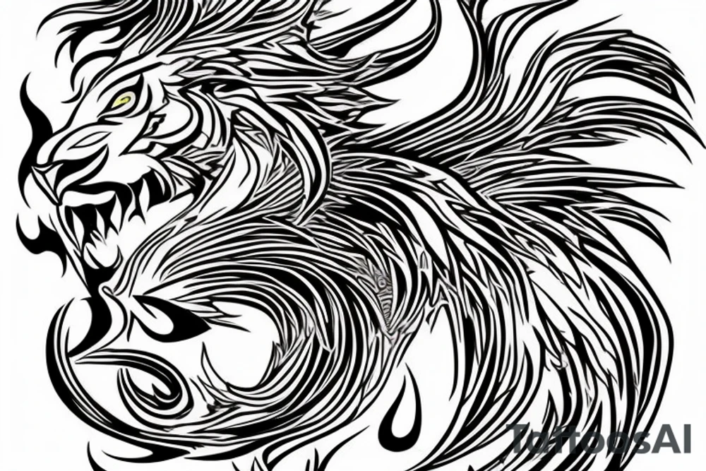 lion and dragon, pegasus, shaman, totem pole, abstract negative space, not ugly, expressive, colour, trippy, lions mane, dragon feet, sharp claws, silky hair, aggressive tattoo idea
