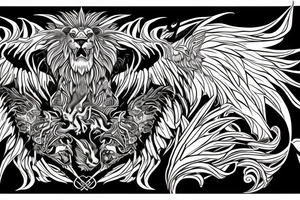 lion and dragon, pegasus, shaman, totem pole, abstract negative space, not ugly, expressive, colour, trippy, lions mane, dragon feet, sharp claws, silky hair, aggressive tattoo idea