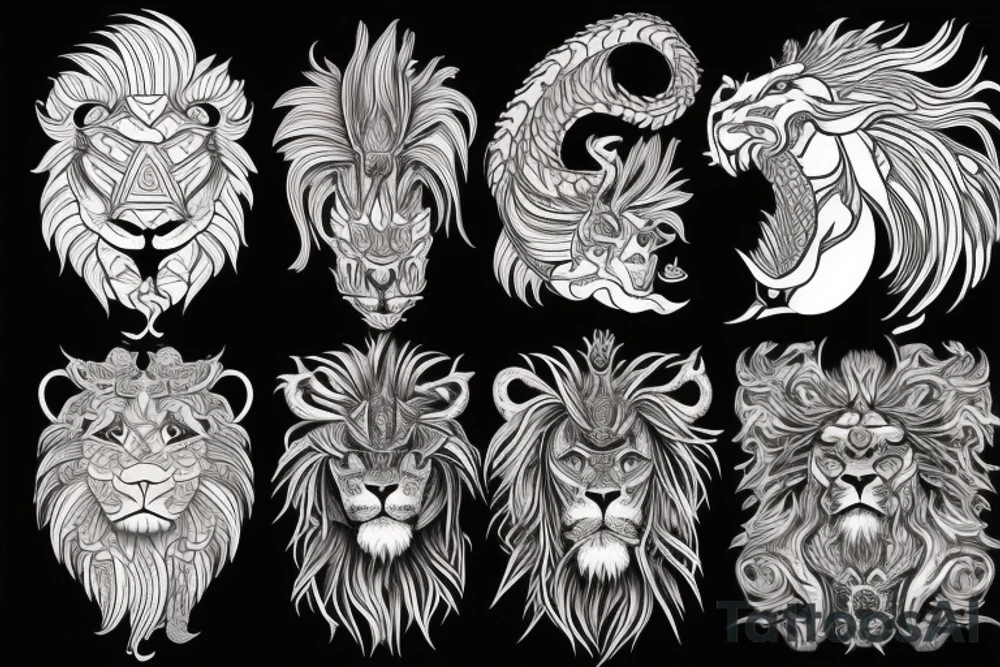 lion and dragon, pegasus, shaman, totem pole, abstract negative space, not ugly, expressive, colour, trippy, lions mane, dragon feet, sharp claws, silky hair, aggressive, not too many lines tattoo idea