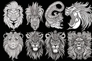 lion and dragon, pegasus, shaman, totem pole, abstract negative space, not ugly, expressive, colour, trippy, lions mane, dragon feet, sharp claws, silky hair, aggressive, not too many lines tattoo idea