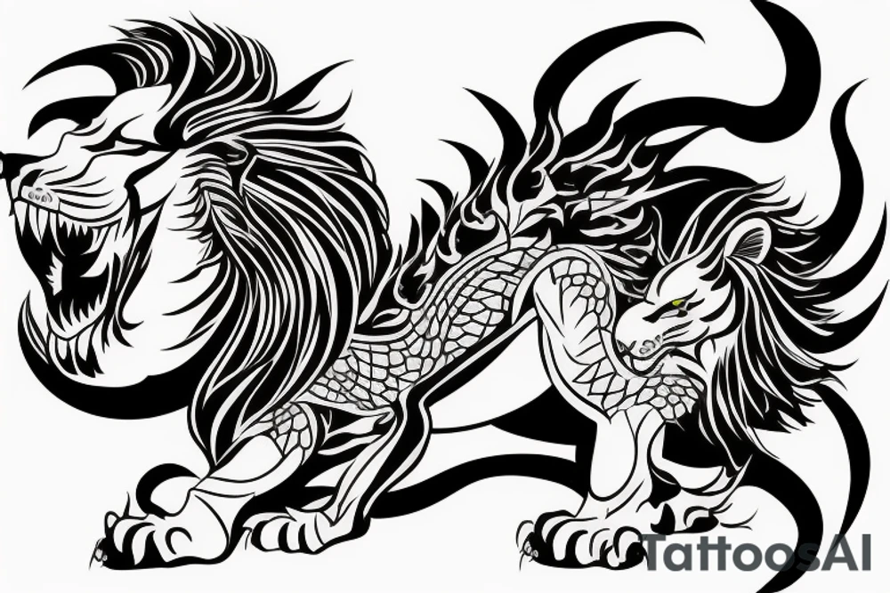 lion and dragon, pegasus, shaman, totem pole, abstract negative space, not ugly, expressive, colour, trippy, lions mane, dragon feet, sharp claws, silky hair, aggressive, not too many lines tattoo idea