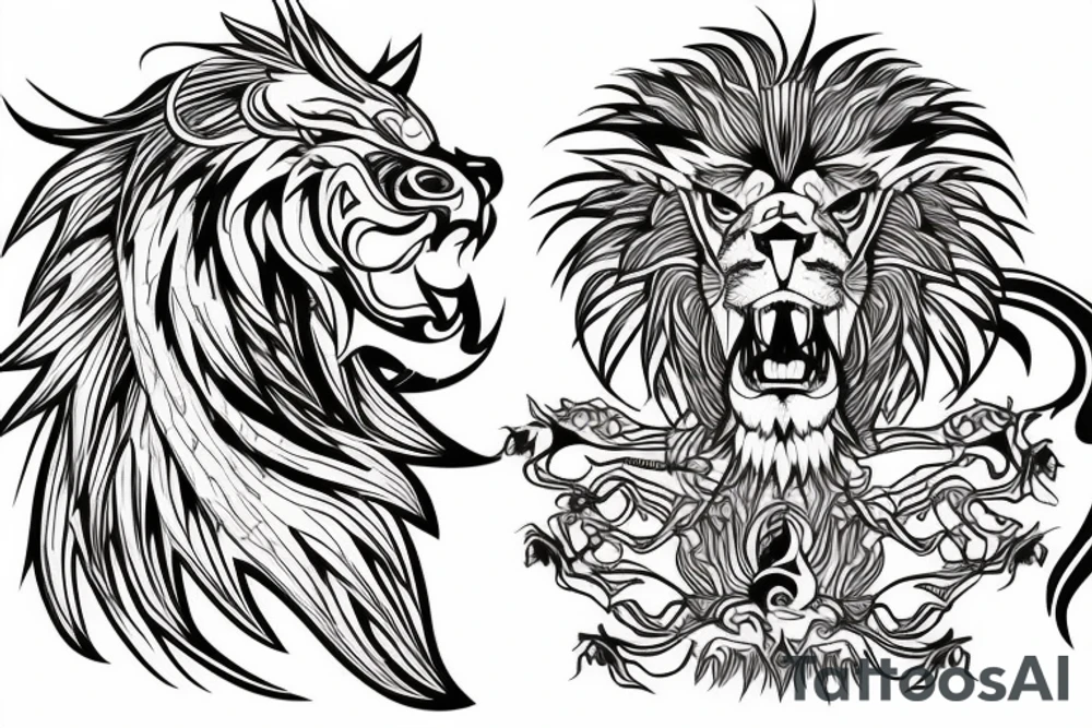 lion and dragon, pegasus, shaman, totem pole, abstract negative space, not ugly, expressive, colour, trippy, lions mane, dragon feet, sharp claws, silky hair, aggressive, not too many lines tattoo idea