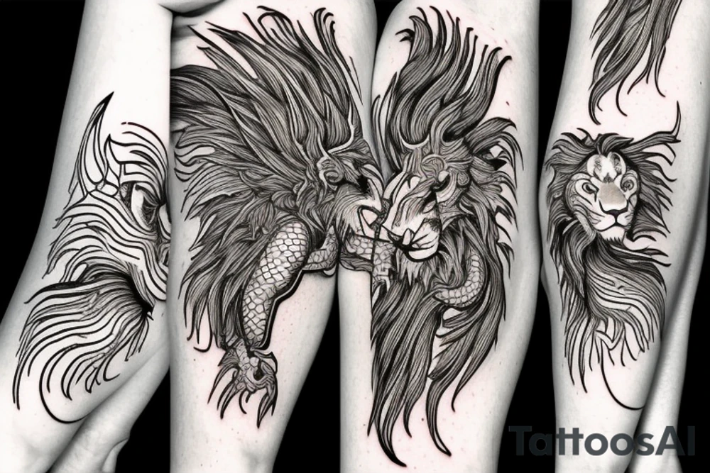 lion and dragon, pegasus, shaman, totem pole, abstract negative space, not ugly, expressive, colour, trippy, lions mane, dragon feet, sharp claws, silky hair, aggressive, not too many lines tattoo idea