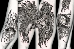 lion and dragon, pegasus, shaman, totem pole, abstract negative space, not ugly, expressive, colour, trippy, lions mane, dragon feet, sharp claws, silky hair, aggressive, not too many lines tattoo idea