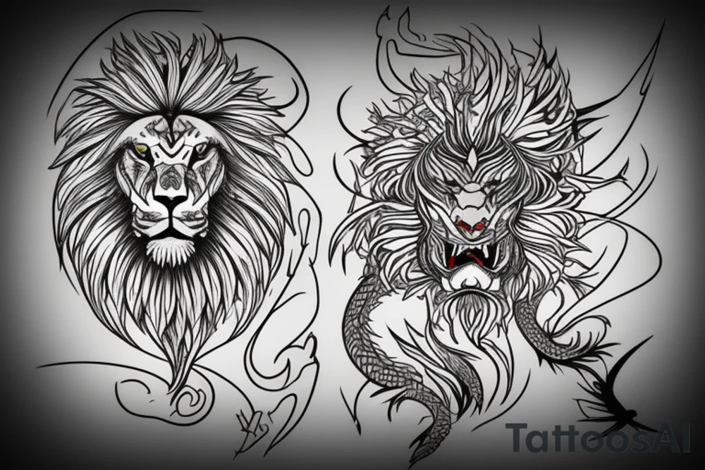 lion and dragon, pegasus, shaman, totem pole, abstract negative space, not ugly, expressive, colour, trippy, lions mane, dragon feet, sharp claws, silky hair, aggressive, not too many lines tattoo idea