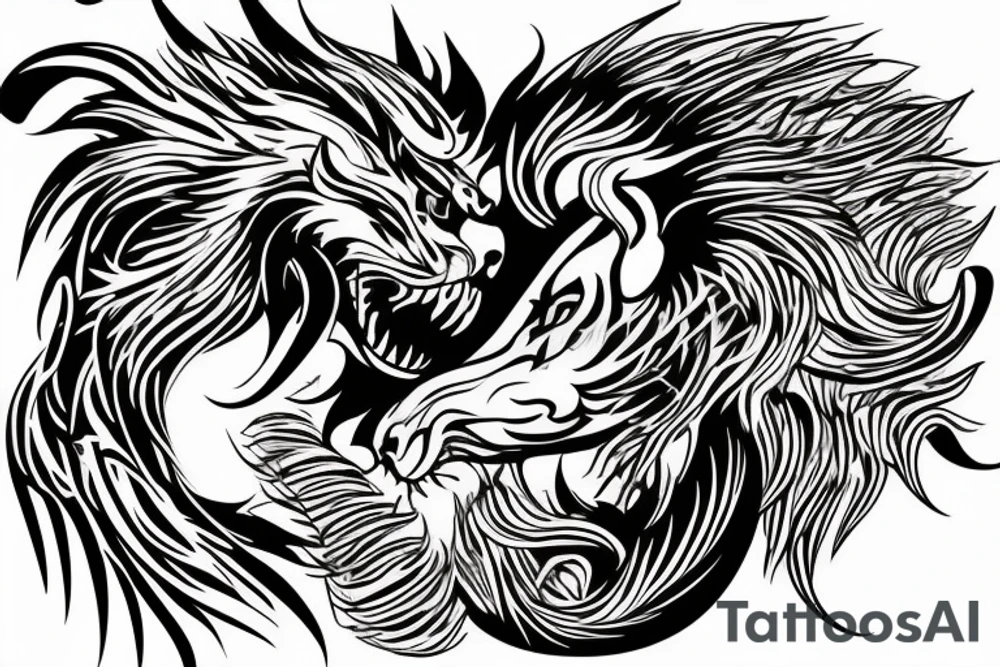 lion and dragon, pegasus, shaman, totem pole, abstract negative space, not ugly, expressive, colour, trippy, lions mane, dragon feet, sharp claws, silky hair, aggressive, not too many lines tattoo idea