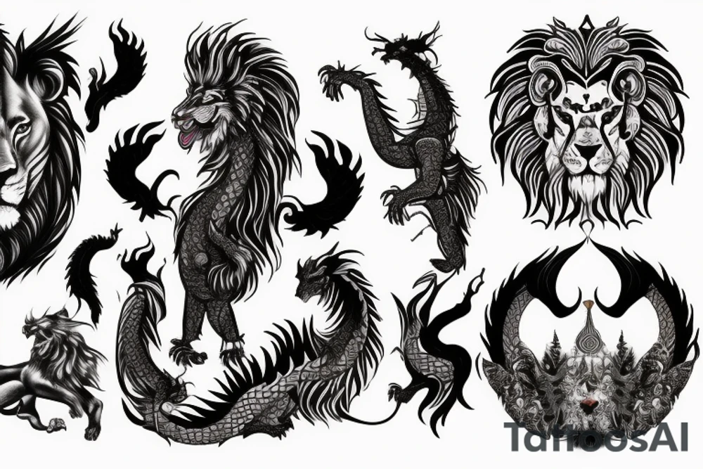 lion and dragon, pegasus, shaman, totem pole, abstract negative space, not ugly, expressive, colour, trippy, lions mane, dragon feet, sharp claws, silky hair, aggressive, not too many lines, lots of circles tattoo idea