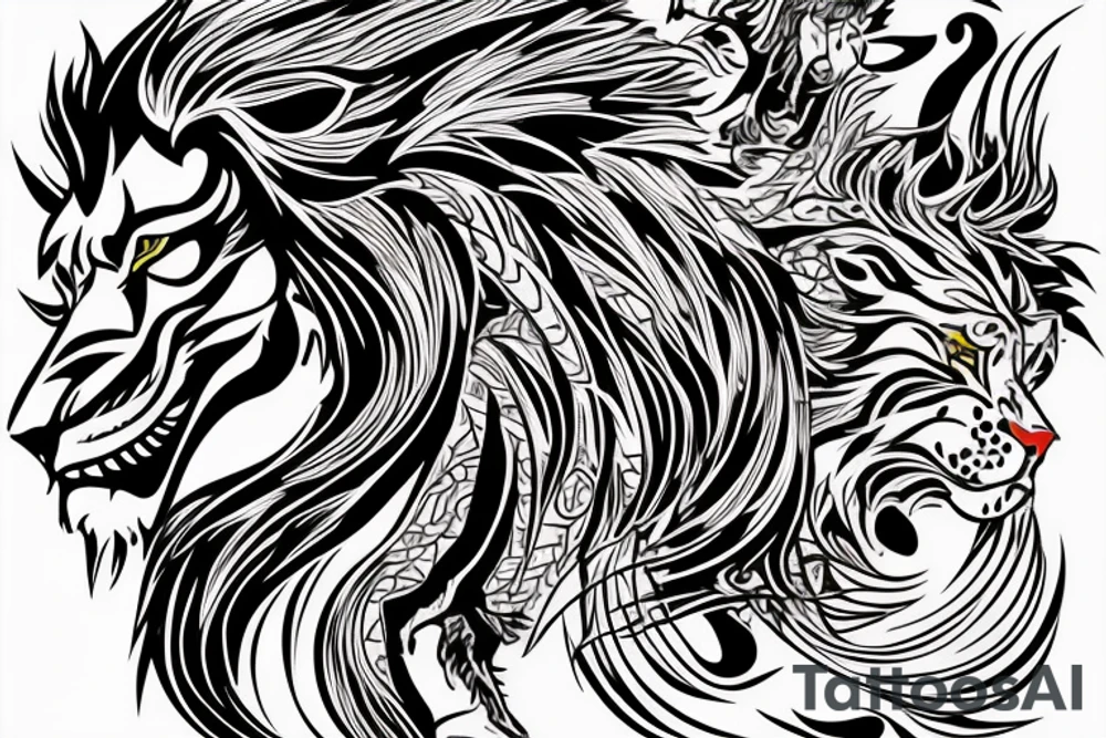 lion and dragon, pegasus, shaman, totem pole, abstract negative space, not ugly, expressive, colour, trippy, lions mane, dragon feet, sharp claws, silky hair, aggressive, not too many lines, lots of circles tattoo idea