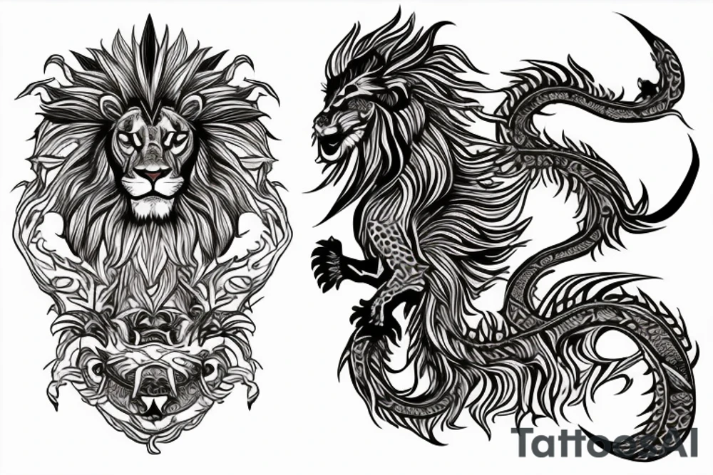 lion and dragon, pegasus, shaman, totem pole, abstract negative space, not ugly, expressive, colour, trippy, lions mane, dragon feet, sharp claws, silky hair, aggressive, not too many lines, lots of circles tattoo idea
