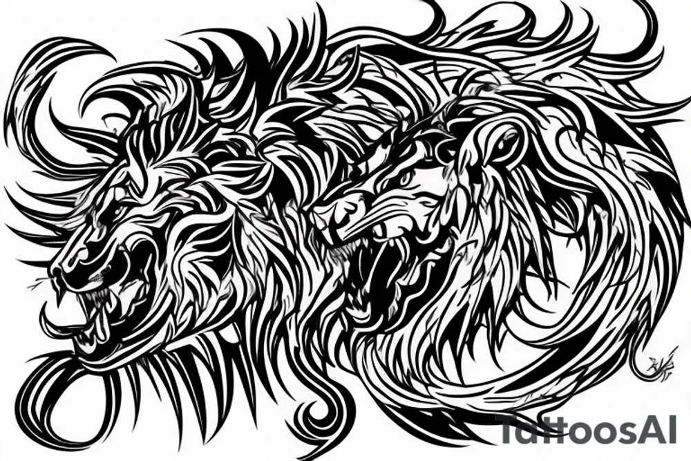 lion and dragon, pegasus, shaman, totem pole, abstract negative space, not ugly, expressive, colour, trippy, lions mane, dragon feet, sharp claws, silky hair, aggressive, not too many lines, lots of circles tattoo idea