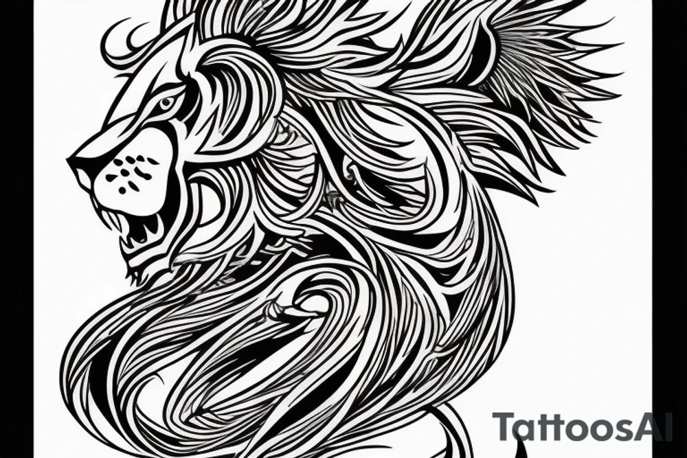lion and dragon, pegasus, shaman, totem pole, abstract negative space, not ugly, expressive, colour, trippy, lions mane, dragon feet, sharp claws, silky hair, aggressive, not too many lines, lots of circles tattoo idea